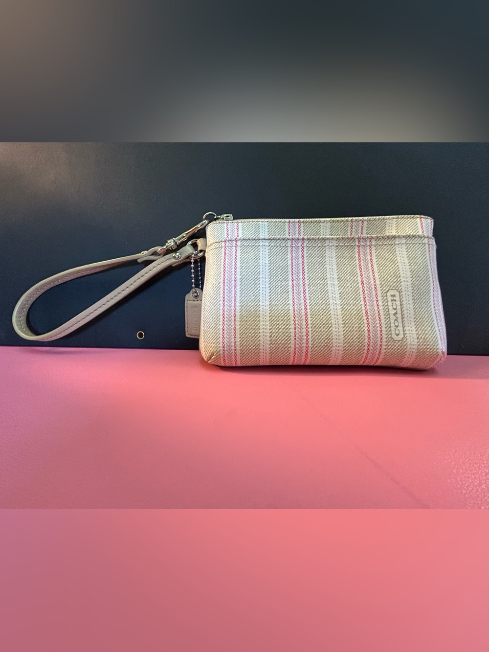 Coach Beige Stripe Wristlet with Pink Accents
